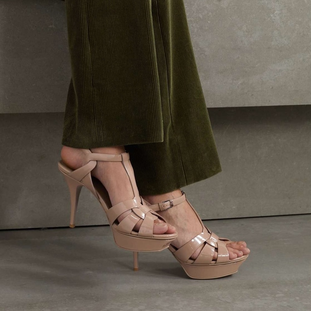 Saint Laurent | Nude Patent Leather Tribute Platform Sandals - Picture 2 of 16